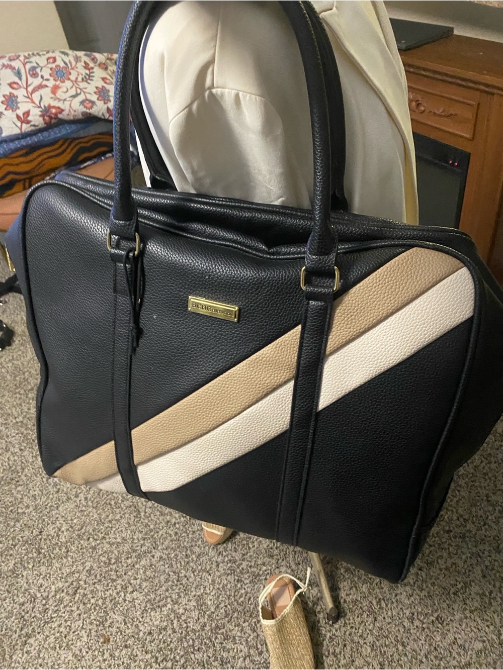 Unisex Black Weekend Duffel with Beige and Cream Accents